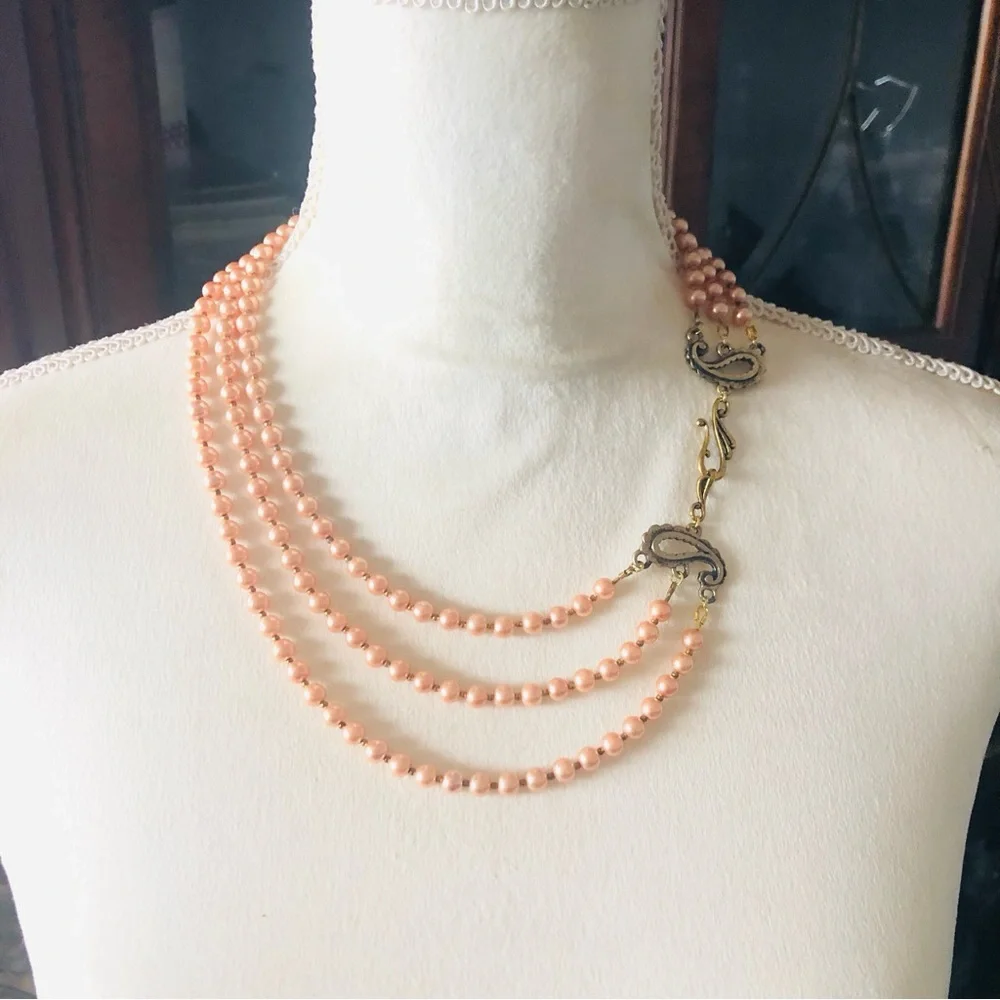 Handcrafted triple strand Czech glass Pearl paisley filigree clasp necklace